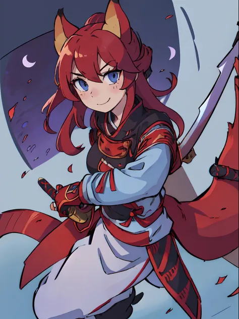 solo woman, kitsune woman, wear a samurai suit, wielding a sword with two hands, Templar knight combat pose, beautiful and cute eyes, (light blue eyes), fox ears (red fox ears), long hair, (red hair), fox tail, (red fox tail), fluffy tail, shy face, light ...