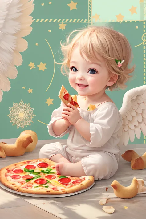 Blessings of Angels､Bright background、heart mark、tenderness､A smile、Gentle､Baby Angel、eating pizza