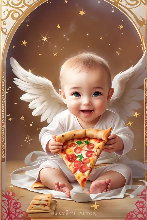 Blessings of Angels､Bright background、heart mark、tenderness､A smile、Gentle､Baby Angel、eating pizza