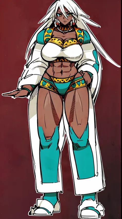 Ebony skinned female with white dreadlocks, thicc, wearing tribal warrior outfit, full body, standing, full body