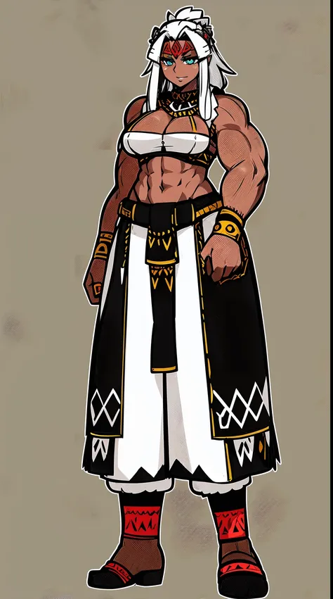 Ebony skinned female with white dreadlocks, thicc, wearing tribal warrior outfit, full body, standing, full body