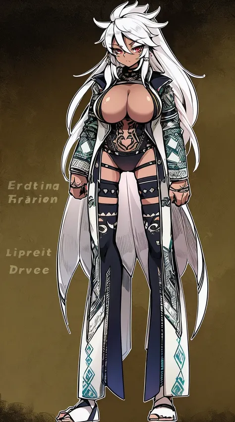 Ebony skinned female with white dreadlocks, thicc, wearing tribal warrior outfit, full body, standing, full body