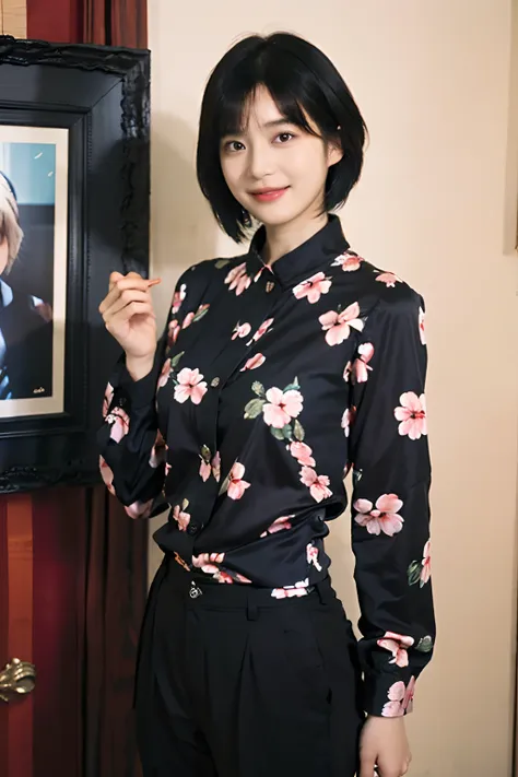 93
(a 20 yo woman,is standing), (A hyper-realistic), (masutepiece), ((short-hair:1.46)), (Smooth black hair), wear long pants, (Wearing a long-sleeved shirt with a floral print), (painterly、picture frame), (Gentle smile), (Keep your mouth shut)