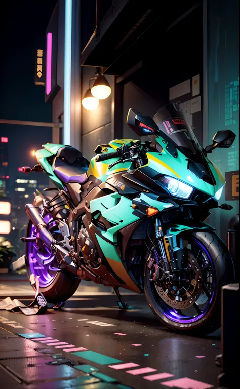 ((cyberpunk)),there is a motorcycle parked in a room with a wall, r6, front side full, side front view, front shot, yoshimura exhaust, full front view, front profile, front profile!!!!, front side, motorcycle, taken with sony a7r camera, rb6s, rb 6 s, samu...