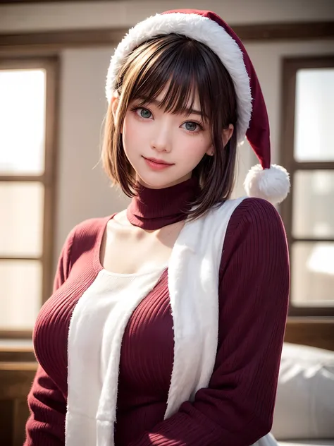 (masutepiece, top-quality、Very attractive adult beauty、Add intense highlights to the eyes、Look firmly at the camera:1.4、Beautiful woman full of adult charm、Ideal ratio body proportions),1girl in, 独奏, Light brown shiny hair, muffler,Santa Claus hat,realisit...