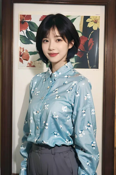 93
(a 20 yo woman,is standing), (A hyper-realistic), (masutepiece), ((short-hair:1.46)), (Smooth black hair), wear long pants, (Wearing a long-sleeved shirt with a floral print), (painterly、picture frame), (Gentle smile), (Keep your mouth shut)