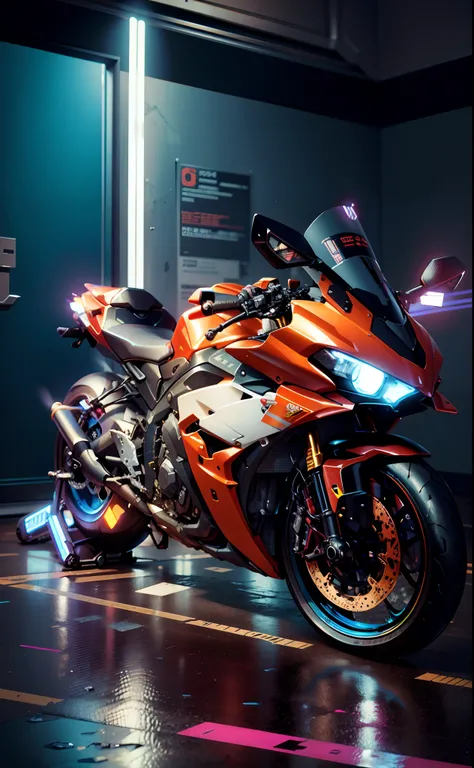 ((cyberpunk)),there is a motorcycle parked in a room with a wall, r6, front side full, side front view, front shot, yoshimura exhaust, full front view, front profile, front profile!!!!, front side, motorcycle, taken with sony a7r camera, rb6s, rb 6 s, samu...