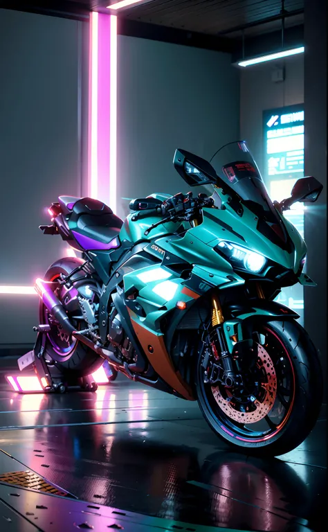 ((cyberpunk)),there is a motorcycle parked in a room with a wall, r6, front side full, side front view, front shot, yoshimura exhaust, full front view, front profile, front profile!!!!, front side, motorcycle, taken with sony a7r camera, rb6s, rb 6 s, samu...