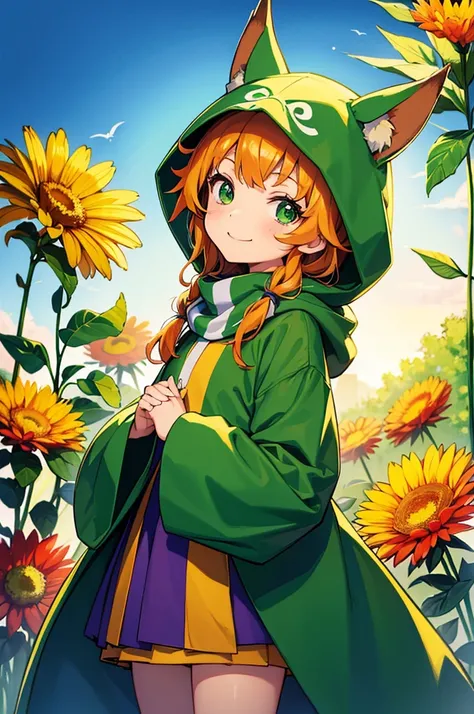 Couleurs studio ghibli. Couleurs automnales. Couleurs chaudes. A little girl with a hood up and vixen ears dressed in green is smiling. She has big green eyes and beautiful flowers on the head. solid plain background. Bokeh. Striped scarf. Better image qua...