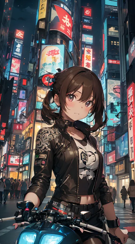 masutepiece, Best Quality, Confident cyberpunk girl, Brown hair、Bob Hair、upperbody shot, ((Spanning a large motorcycle)), Pop costumes inspired by Harajuku, Bold colors and patterns, Eye-catching accessories, Trendy and innovative hairstyles, Bright makeup...