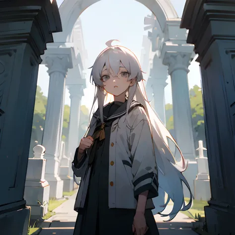 White long hair gotic anime girl with grey eyes in a cemetery