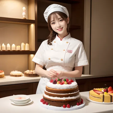 ((masutepiece、top-quality、Highly complex and detailed depictions))、1 Japan Beauty、patissier、Pastry Chef Uniforms、Pastry chefs clothes、Cake shop、The biggest smile staring at the camera、Slimed、large full breasts、Fruit cake making