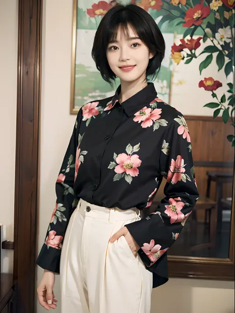 93
(a 20 yo woman,is standing), (a hyper-realistic), (masutepiece), ((short-hair:1.46)), (smooth black hair), wear long pants, (...