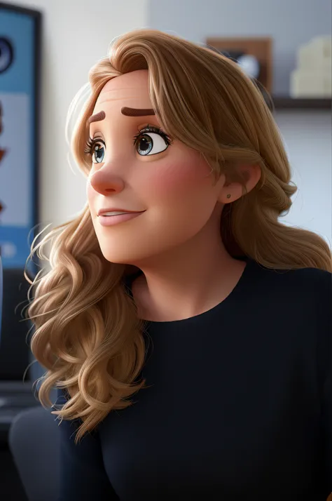 Poster estilo disney pixar. Mulher branca, com 30 anos de idade, cabelos loiro-escuro, cabelos louro-escuro, olhos azuis, cabelo solto ondulado, with your head turned to the side, Blurred office background, with a serious countenance.