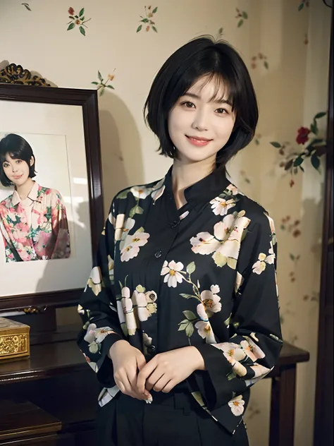 93
(a 20 yo woman,is standing), (A hyper-realistic), (masutepiece), ((short-hair:1.46)), (Smooth black hair), wear long pants, (Wearing a long-sleeved shirt with a floral print), (painterly、picture frame), (Gentle smile), (Keep your mouth shut)