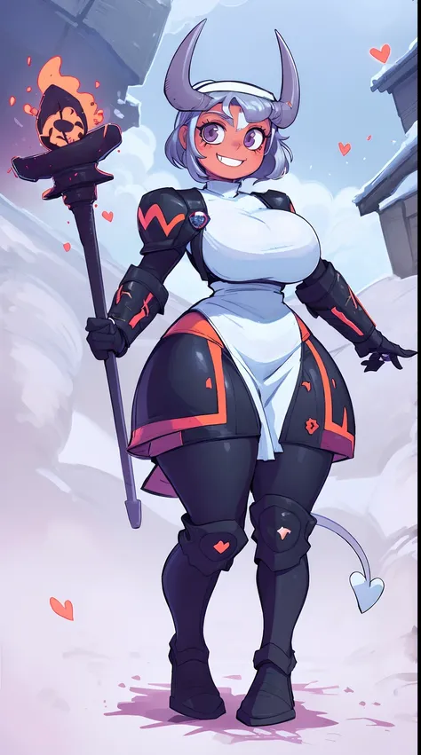 nun, demon girl, walking, bimbo, warpriesstes, silver hair, short hair, sacred gauntlets, long ski, cute smile, pure smile, love smile,,veillong skirt, pantyhose, staff holding, armor, gloves, standing, full body,