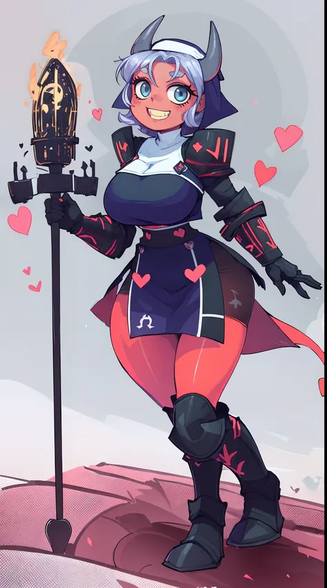 nun, demon girl, walking, bimbo, warpriesstes, silver hair, short hair, sacred gauntlets, long ski, cute smile, pure smile, love smile,,veillong skirt, pantyhose, staff holding, armor, gloves, standing, full body,