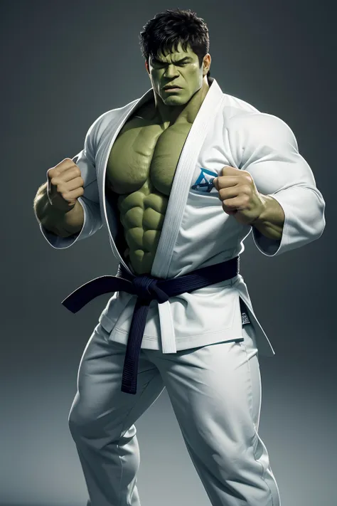 HULK COM O CORPO VERDE, COM UM KIMONO BRANCO DE JIU JITSU, FAIXA PRETA, MUSCULOSO, CORPO INTEIRO, ESTILO VINGADORES