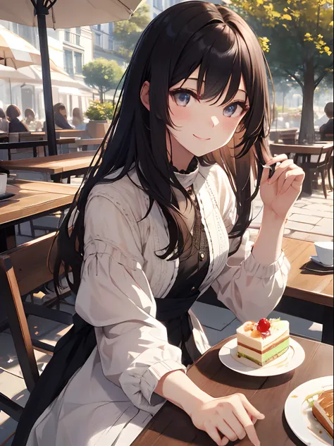 8K, Best Quality, real picture, Intricate details, ultra-detailliert, 超A high resolution, Depth Field,(Photorealistic,Realistic:1.2),masutepiece , straight-on shot , from miiddle ,Little girl relaxing on the open terrace of a café、iced tea、a cake、smiling f...