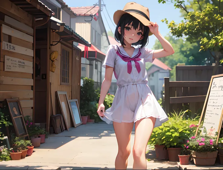 anime - style image of a woman in a short dress and hat posing for a picture, small curvy loli, loli in dress, in the yard, sakimichan hdri, anime girl in real life, realistic young gravure idol, anime. soft lighting, seductive anime girl, rin, photorealis...