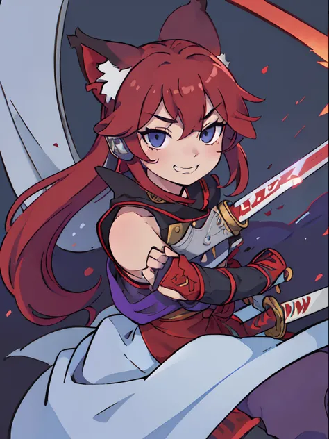 solo woman, kitsune woman, wear a samurai suit, wielding a sword with two hands, Templar knight combat pose, beautiful and cute eyes, (light blue eyes), fox ears (red fox ears), long hair, (red hair), fox tail, (red fox tail), fluffy tail, shy face, light ...