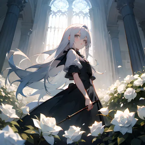 Gothic anime girl with white long hairs and grey eyes in a white roses field