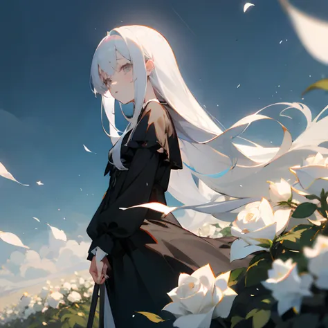 Gothic anime girl with white long hairs and grey eyes in a white roses field