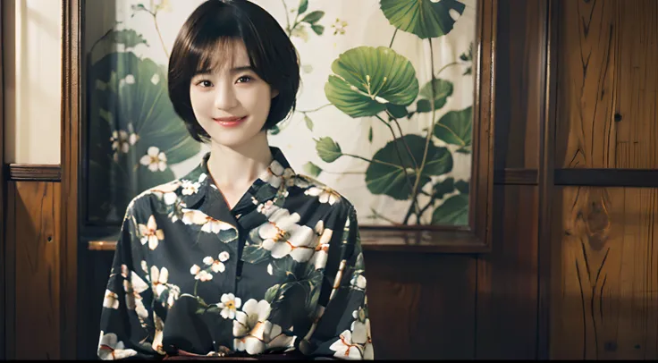 93
(a 20 yo woman,is standing), (A hyper-realistic), (masutepiece), ((short-hair:1.46)), (Smooth black hair), wear long pants, (Wearing a long-sleeved shirt with a floral print), (painterly、picture frame), (Gentle smile), (Keep your mouth shut)