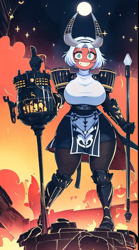 nun, demon girl, walking, , warpriesstes, silver hair, short hair, sacred gauntlets, long ski, cute smile, pure smile, love smile,,veillong skirt, pantyhose, staff holding, armor, gloves, standing, full body,sharpteeth