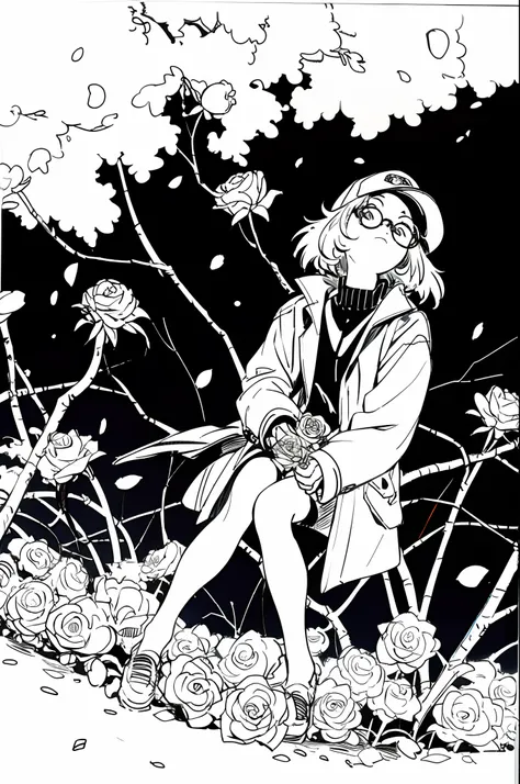 mirai kuriyama wearing a coat and a cap sitting on a hill full of flowers, looking upwards, ((empty background)), winter, vhs, v...