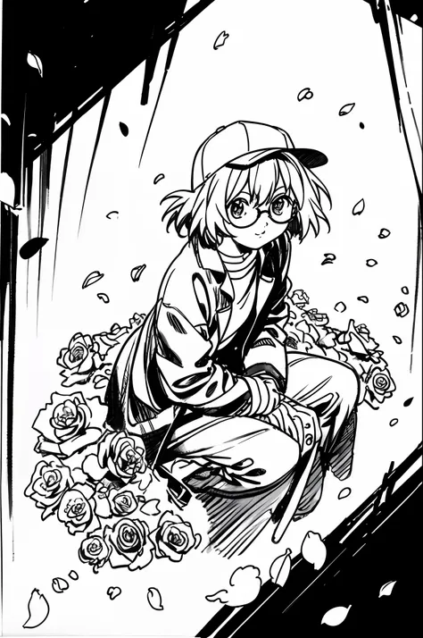 mirai kuriyama wearing a coat and a cap sitting on a hill full of flowers, looking upwards, ((empty background)), winter, vhs, v...