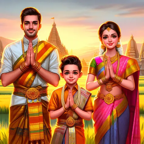 a painting of a family in traditional indian attire standing in a field, temple background, hindu aesthetic, happy family, hinduism, hindu art, traditional, peredvishniki, husband wife and son, barong family, tradition, cybertronic hindu temple, traditiona...