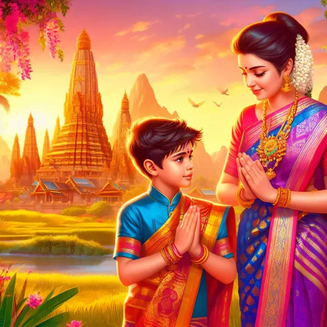 a woman and a child are standing in front of a temple, temple background, thailand art, hindu kovil scene, cybertronic hindu temple, hindu aesthetic, hindu art, indian goddess of wealth, festival of rich colors, inspired by T. K. Padmini, indian temple, wa...