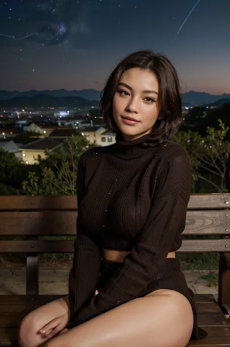 (Best quality, 8k, 32k, Masterpiece, UHD:1.2),Photo of Pretty Japanese woman, 1girl, (medium-short dark brown hair), double eyelid, large breasts, sexy knit turtle neck sweater, sitting on bench on the local hill, (starry night sky), shooting stars, fashio...