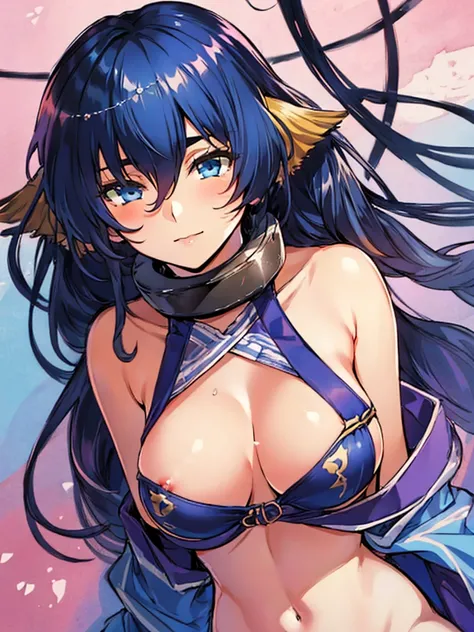 NSFW, ((masutepiece, Best Quality)), Huge_breasts, Standing, Solo, Metal_Collar, bikini of, Detailed face, Detailed eyes, hight resolution, sexy, shy, blue hair, long hair,