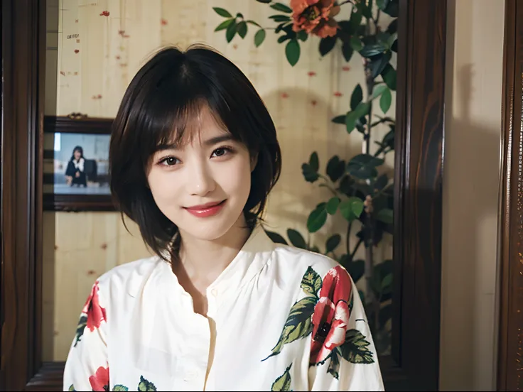 93
(a 20 yo woman,is standing), (A hyper-realistic), (masutepiece), ((short-hair:1.46)), (Smooth black hair), wear long pants, (Wearing a long-sleeved shirt with a floral print), (painterly、picture frame), (Gentle smile), (Keep your mouth shut)