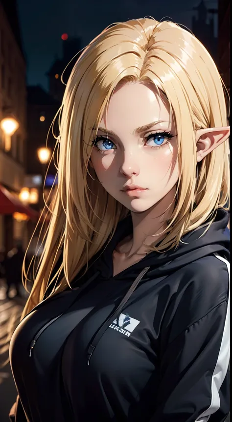 (masterpiece, best quality:1.4), 1girl, upper body, wearing streetwear ((hoodie)), blonde_hair, blue_eyes, serious face, closed_...