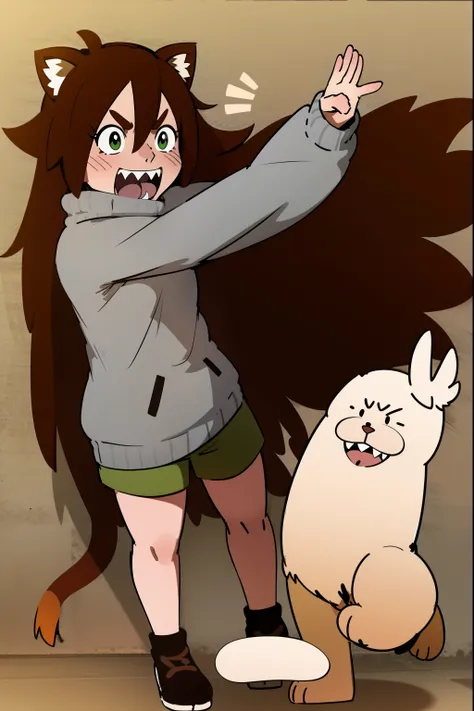 brown hair, long hair,medium breast, sport pants, long pullover, lion tails, living hair, animal fangs,green eyes, kemono mimi, cloak, medieval cloak flip flops