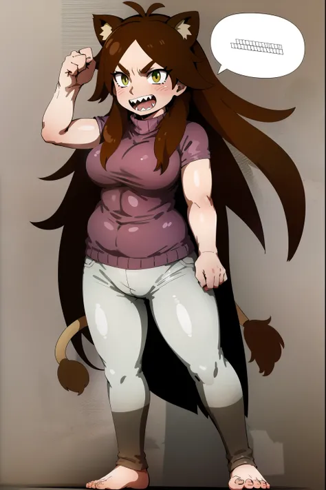 brown hair, long hair,medium breast, sport pants, long pullover, lion tails, living hair, animal fangs,green eyes, kemono mimi, cloak, medieval cloak flip flops