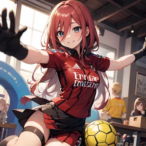 Miku Nakano smiling wearing an AC Milan soccer Jersy and Black Thigh High Socks and her armos open