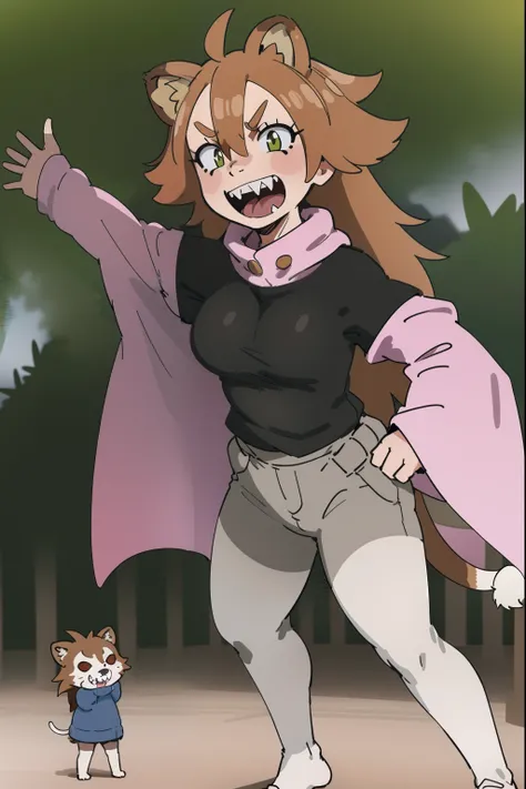 brown hair, long hair,medium breast, sport pants, long pullover, lion tails, living hair, animal fangs,green eyes, kemono mimi, cloak, medieval cloak flip flops