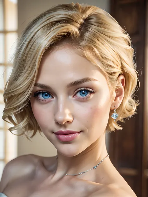 (Masterpiece), (best quality), (realistic), (Beautiful+(feminine)+((lovely))+innocent), Blonde short curly hair, (crystal blue eyes), beautiful eyes, almond eyes, happy eyes, 40 years, (feminine curves), (round cheeks), dimples, rounded chin, (adoration ex...