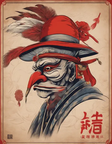 Japan myths, Making a tengu, Red mask with a long nose, thin and long nose, Japan straw hat with feathers, 8K, ultra-realism, Cinematic