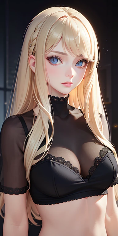 (photorealistic: 1.4), (masterpiece, side lighting, finely detailed beautiful eyes: 1.2), masterpiece*portrait, realistic, 3D face, bright eyes, bright hair, glossy skin, alone, embarrassed, (abdomen), clothes black interior, blonde hair,