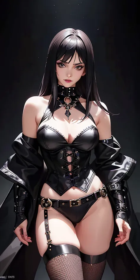 (best quality,4k,8k,highres,masterpiece:1.2),ultra-detailed,(realistic,photorealistic,photo-realistic:1.37),ebony goth goddess,sexy outfit,long dark hair,lustrous black lips,pale skin,goddess-like figure,radiating confidence and power,intense gaze,mystical...