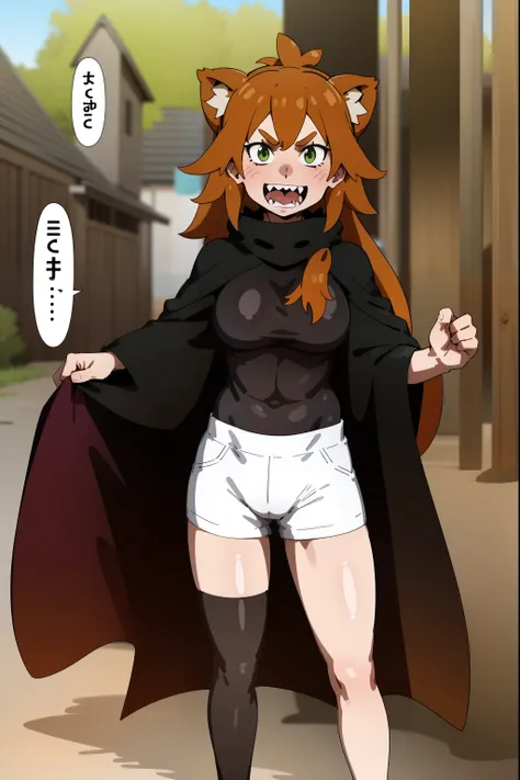 brown hair, long hair,medium breast, sport pants, long pullover, lion tails, living hair, animal fangs,green eyes, kemono mimi, cloak, medieval cloak flip flops