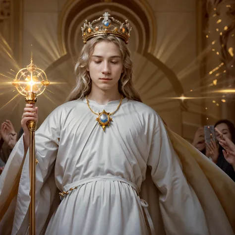 ultra realistic coronation of the wise young king, holding orb of light sovereign, wand of command and wearing light dimond crown, the king is emanating golden white aura, detail micro expression, the crowded hall everyone is happy