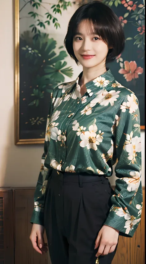 93
(a 20 yo woman,is standing), (A hyper-realistic), (masutepiece), ((short-hair:1.46)), (Smooth black hair), wear long pants, (Wearing a long-sleeved shirt with a floral print), (painterly、picture frame), (Gentle smile), (Keep your mouth shut)