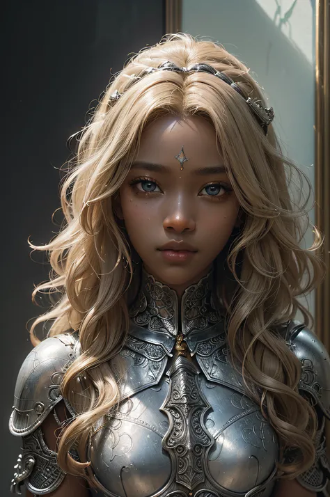 8k portrait of beautiful blonde female knight, curly hair, dark skin, african facial features, intricate, elegant, highly detailed, majestic, digital photography, art by artgerm and ruan jia and greg rutkowski surreal painting silver filigree, broken glass...