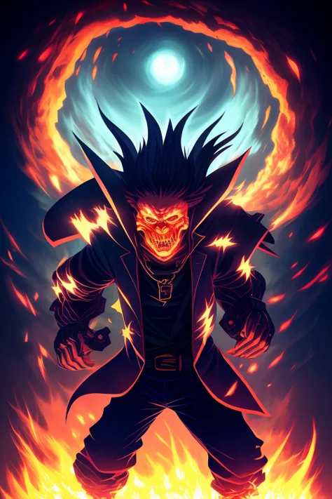 magma, god human, ominous, terrifying,  lava, fire, god, human like, male, very bright colors, scary, darkness, glowing eyes, cracked head, dark aura, no facial features, anime style, stance, mad, furious